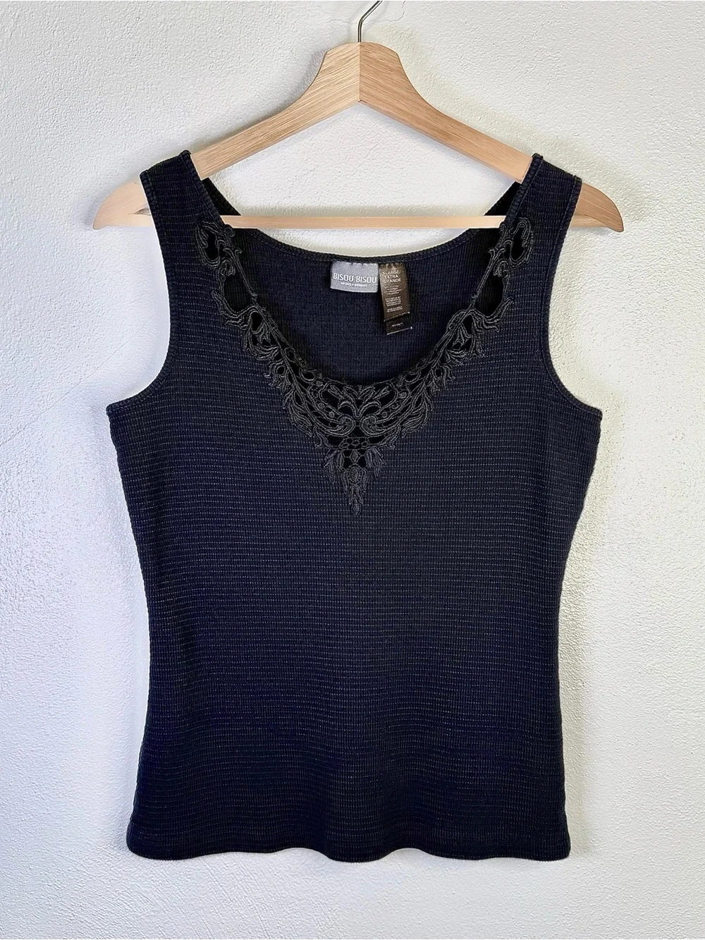 Bisou Bisou Women's Vintage Y2K Black Ribbed Knit Fitted Boho Tank Top Size XL - Picture 2 of 16